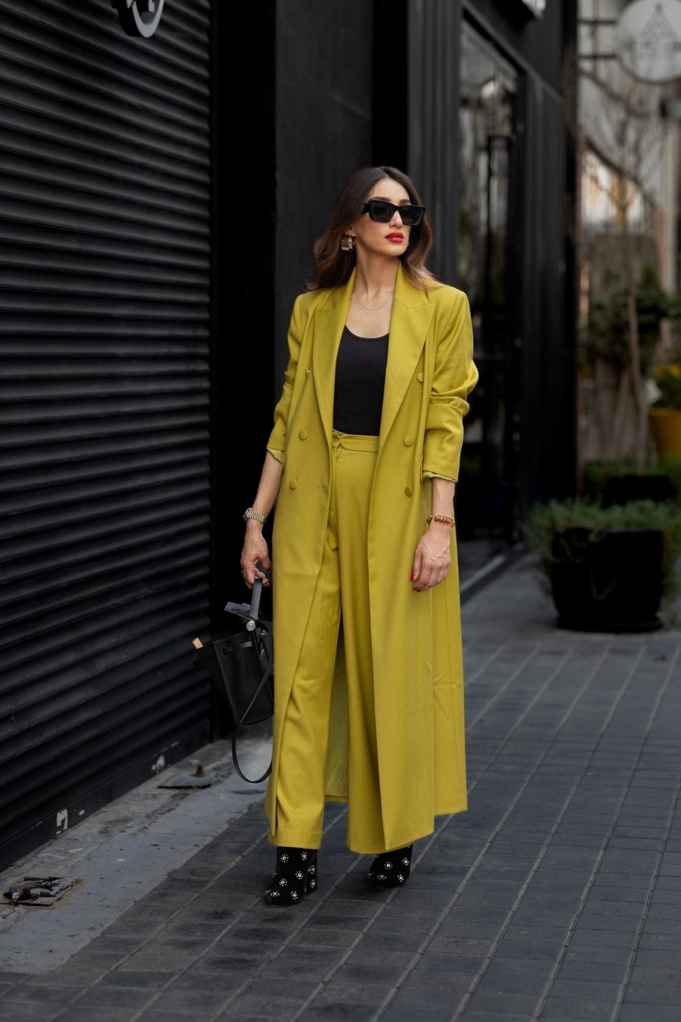 Pant suit with long coat best sale