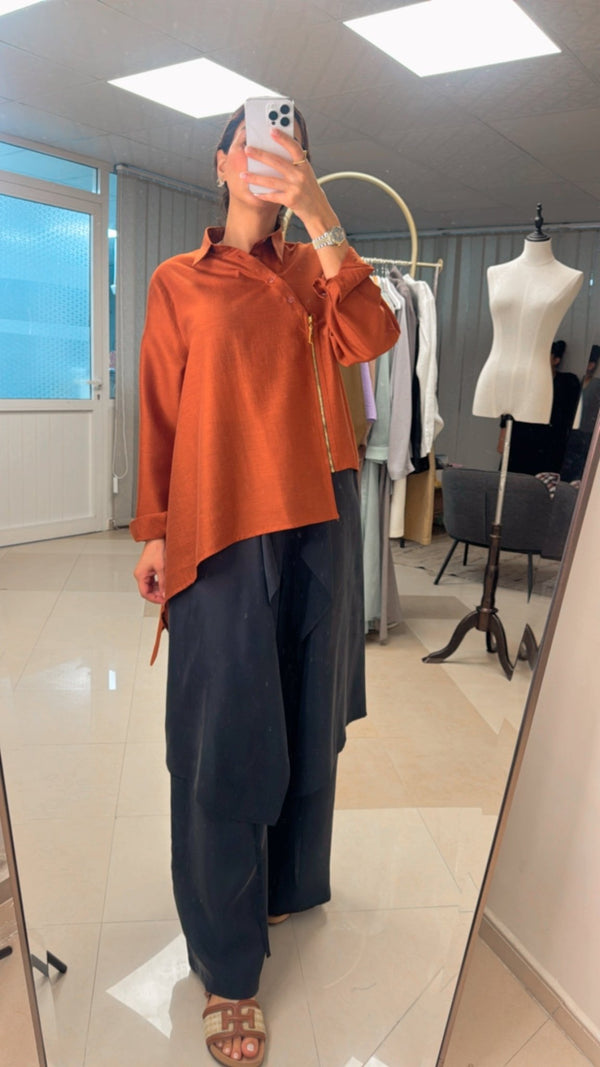 Asymmetrical Zipper Blouse & Wide Pants Set - afroda