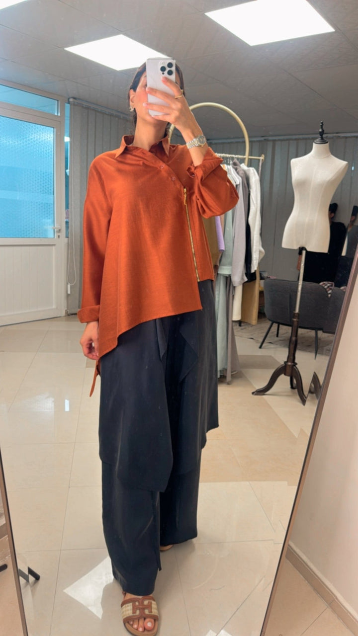 Asymmetrical Zipper Blouse & Wide Pants Set - afroda